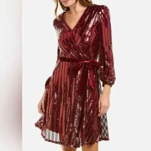 Nanette Lepore Size 8 Long Sleeve Sequin Wrap Dress Burgundy Red Cocktail Party